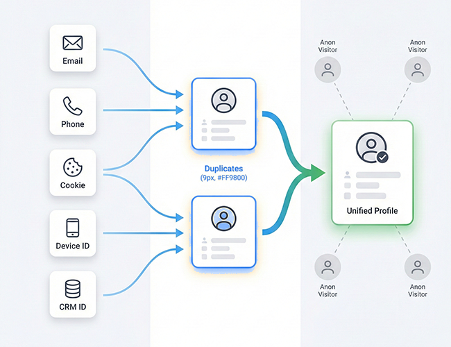 Identity resolution diagram: email, phone, cookie, device ID and CRM ID collapsing through duplicate detection into one unified profile, with anonymous visitors resolved alongside.