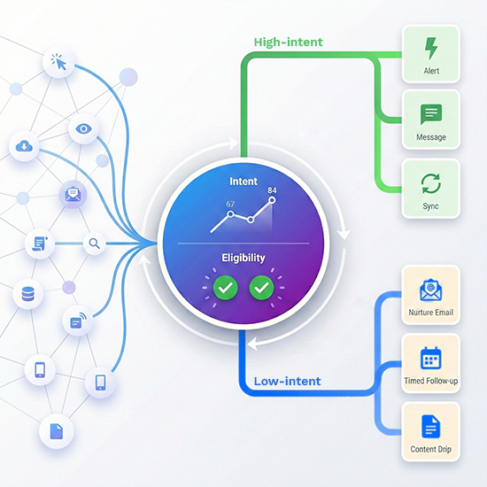 Intent and eligibility scoring wheel routing high-intent contacts to alert, message and sync, and low-intent contacts to nurture email, timed follow-up and content drip.