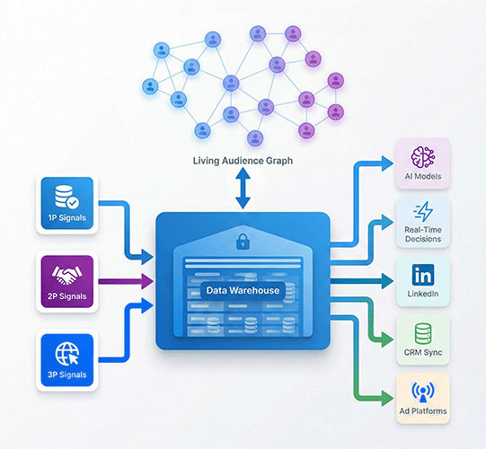 Living audience graph: first, second and third party signals feeding a data warehouse, which fans out to AI models, real-time decisions, LinkedIn, CRM sync and ad platforms.